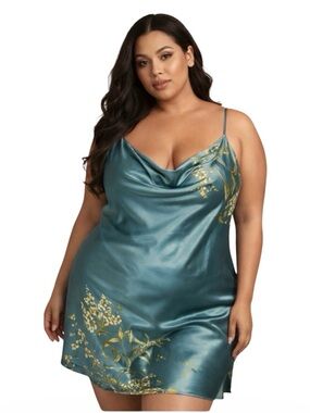 Teal Floral Satin Chemise Plus Size 2X Silky Slip Nightgown Lingerie Intimates
